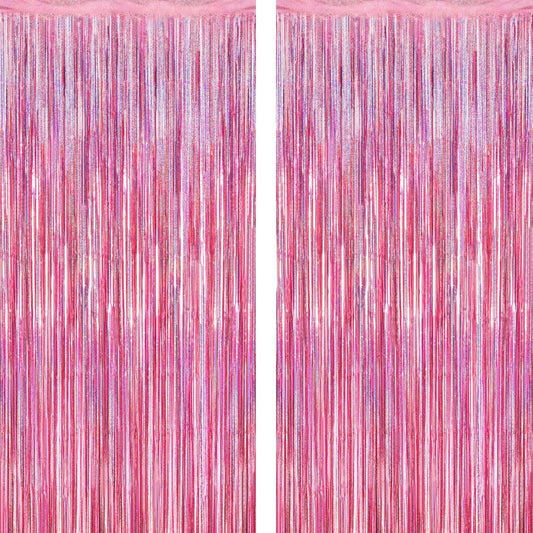 2 Pack Glitter Pink Backdrop, 3.28 FT x 7.05 FT Birthday Party Decorations, Laser Pink Fringe Curtains Foil Streamer